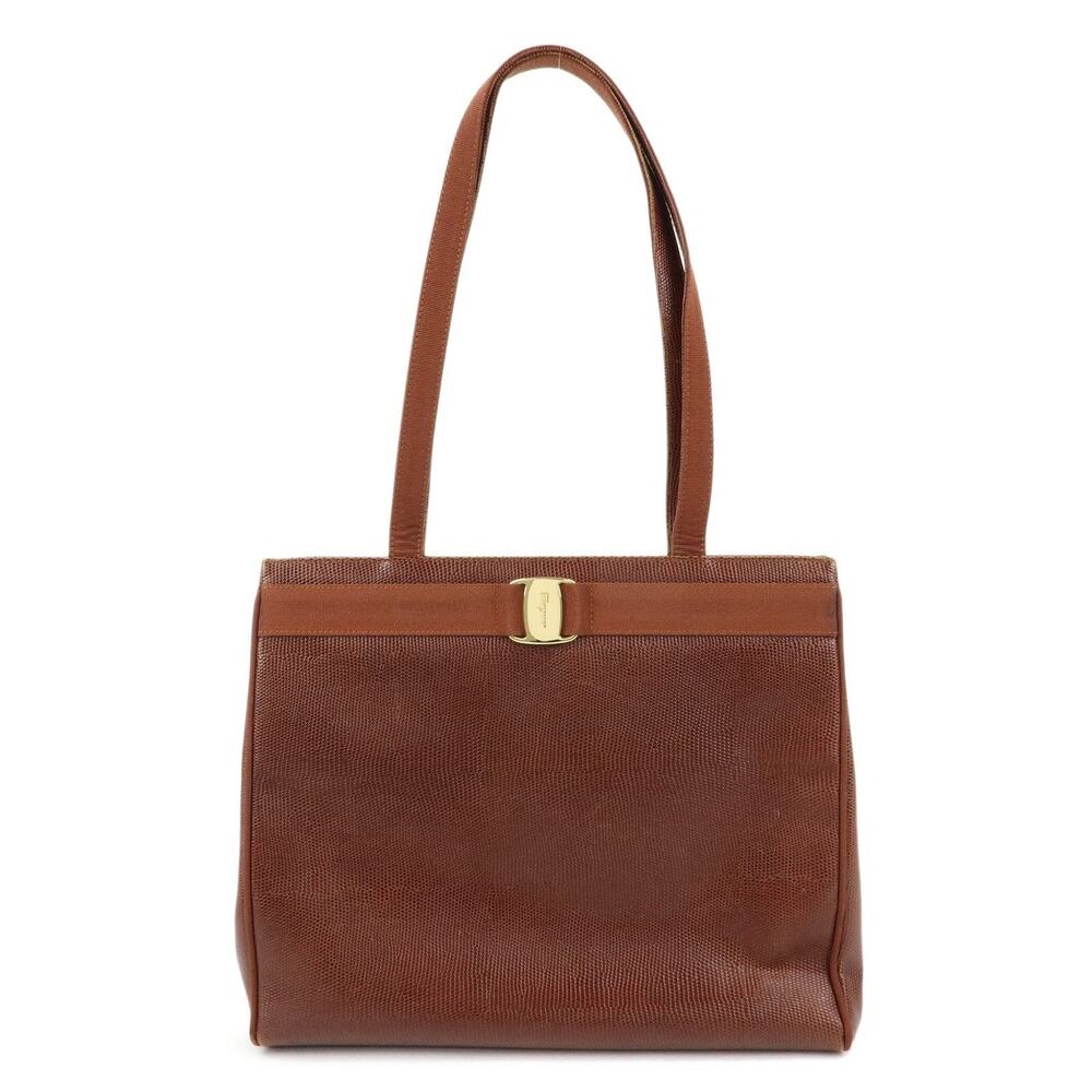 Ferragamo Vara Embossed Calfskin Shoulder Bag Brown